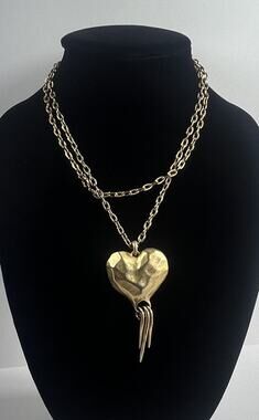 Bold Long Gold Tone Large Hammered Heart w Dangles Pendant Statement Necklace